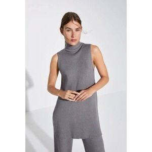 Zara Ribbed Sleeveless Turtleneck Sweater Tunic Top Side Slit Stretch Knit Sz S